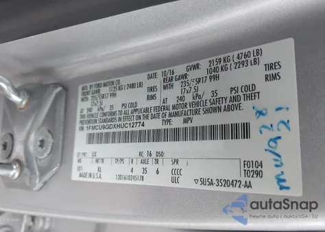 2017 Ford Escape Se из США, поврежденный, VIN 1FMCU9GDXHUC12774